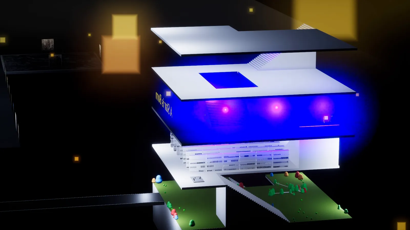 The museum building seen through floating dream notes