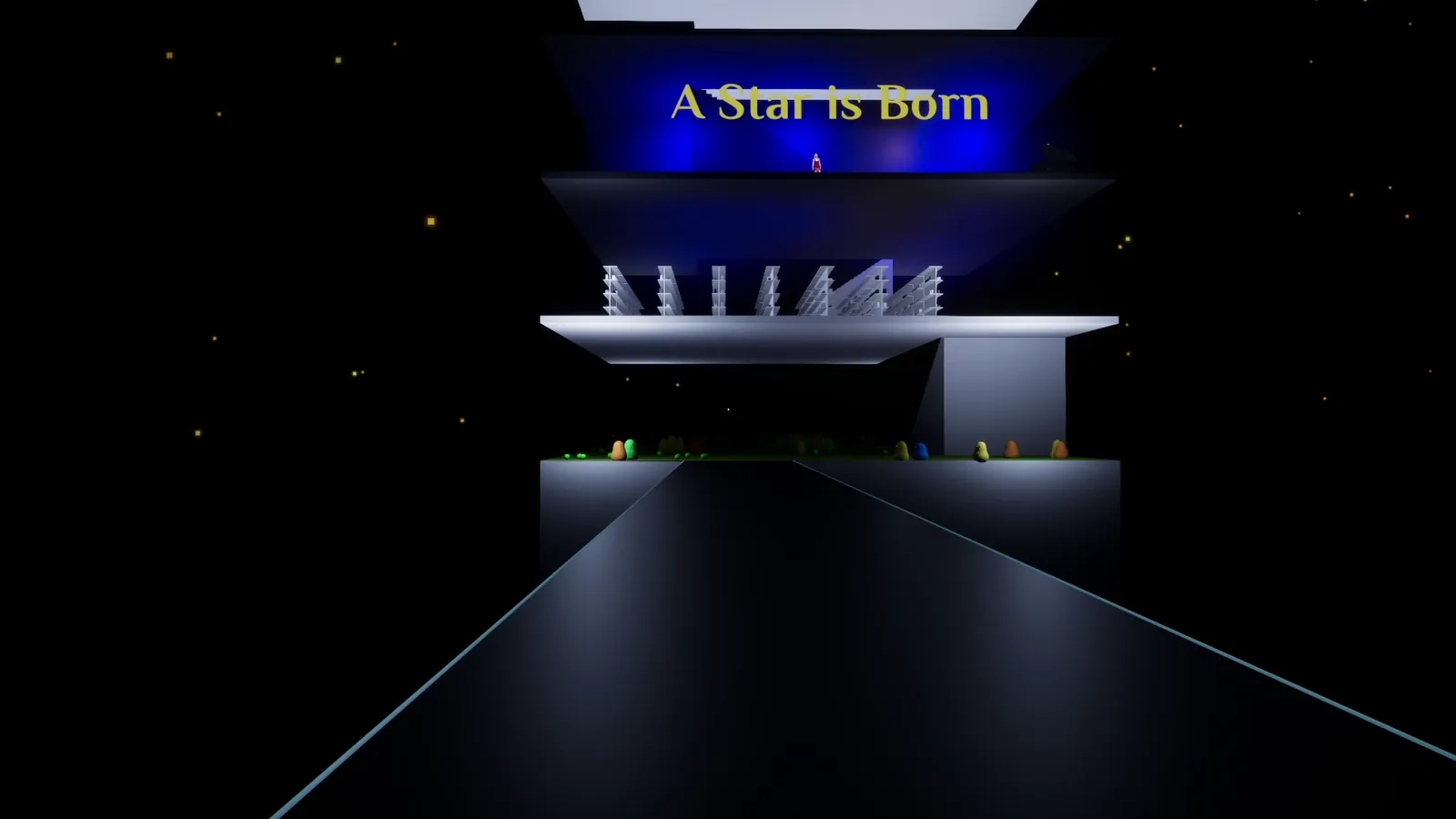 A walkway leading to the museum building under a starry sky