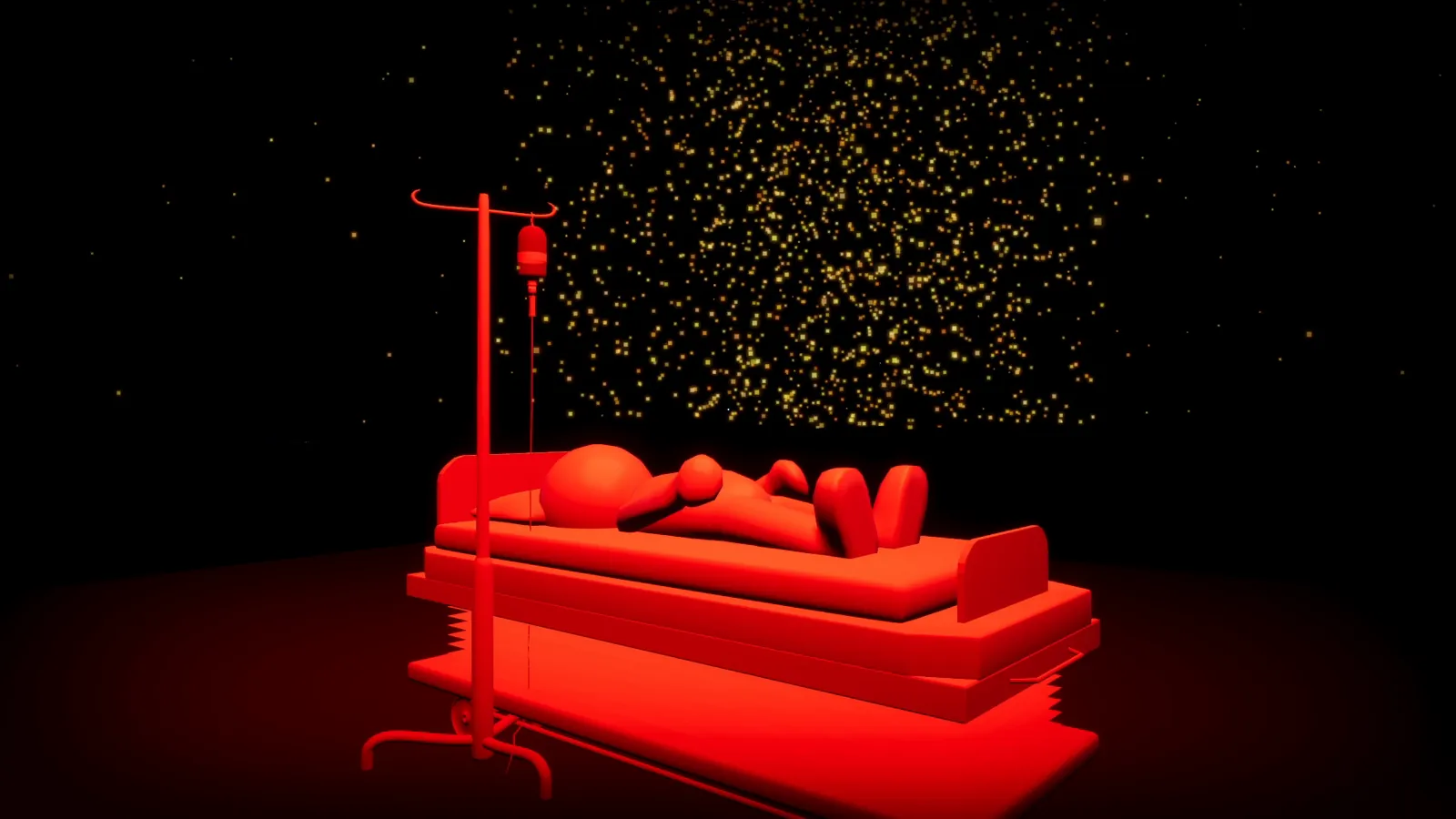 A red hospital bed lit in the dark under falling gold particles