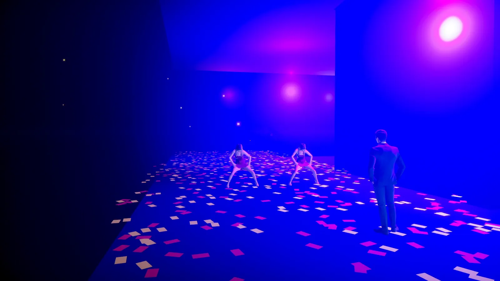 Dancers on a confetti floor under purple stage lights