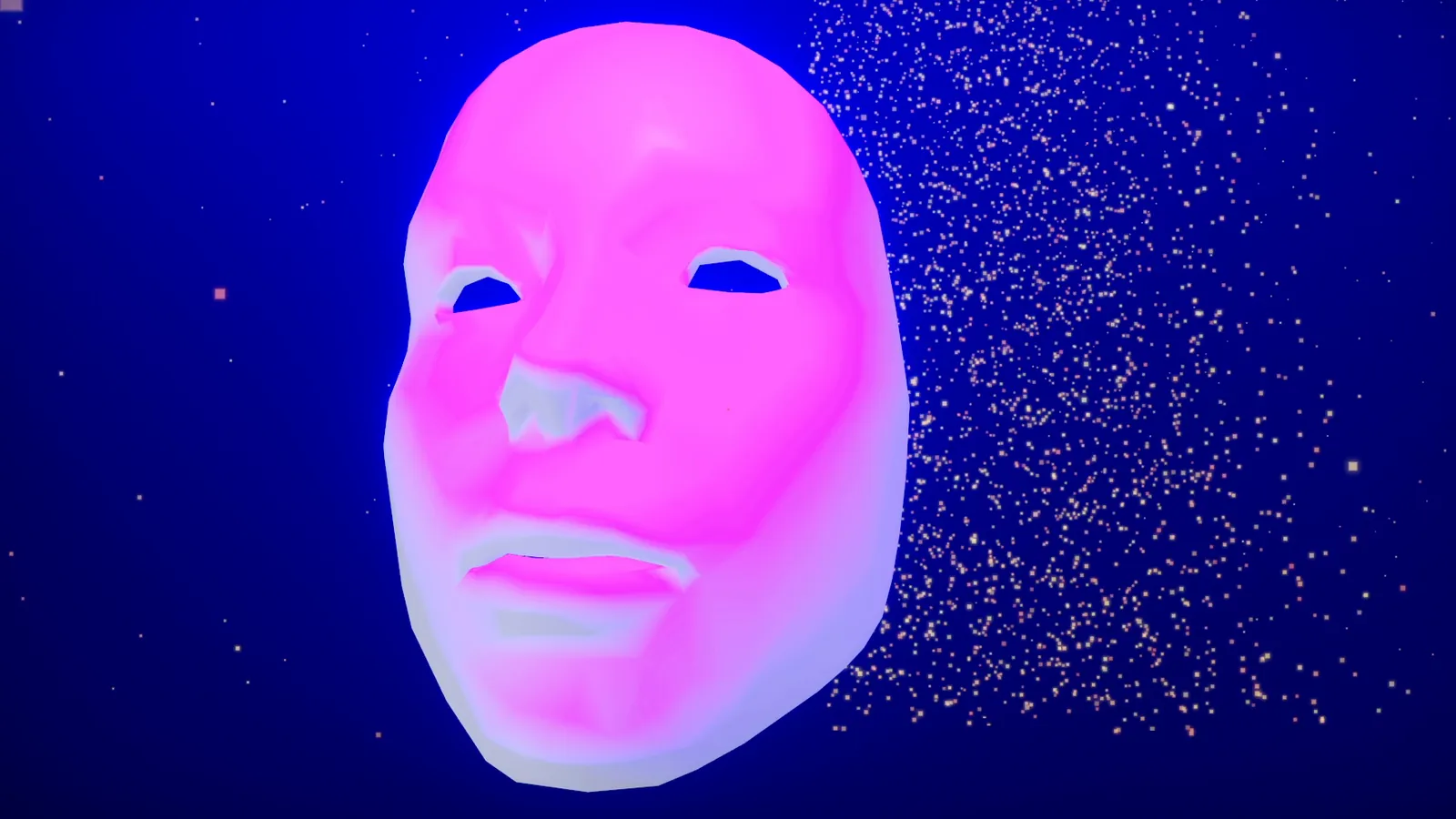 A giant pink mask floating in blue light