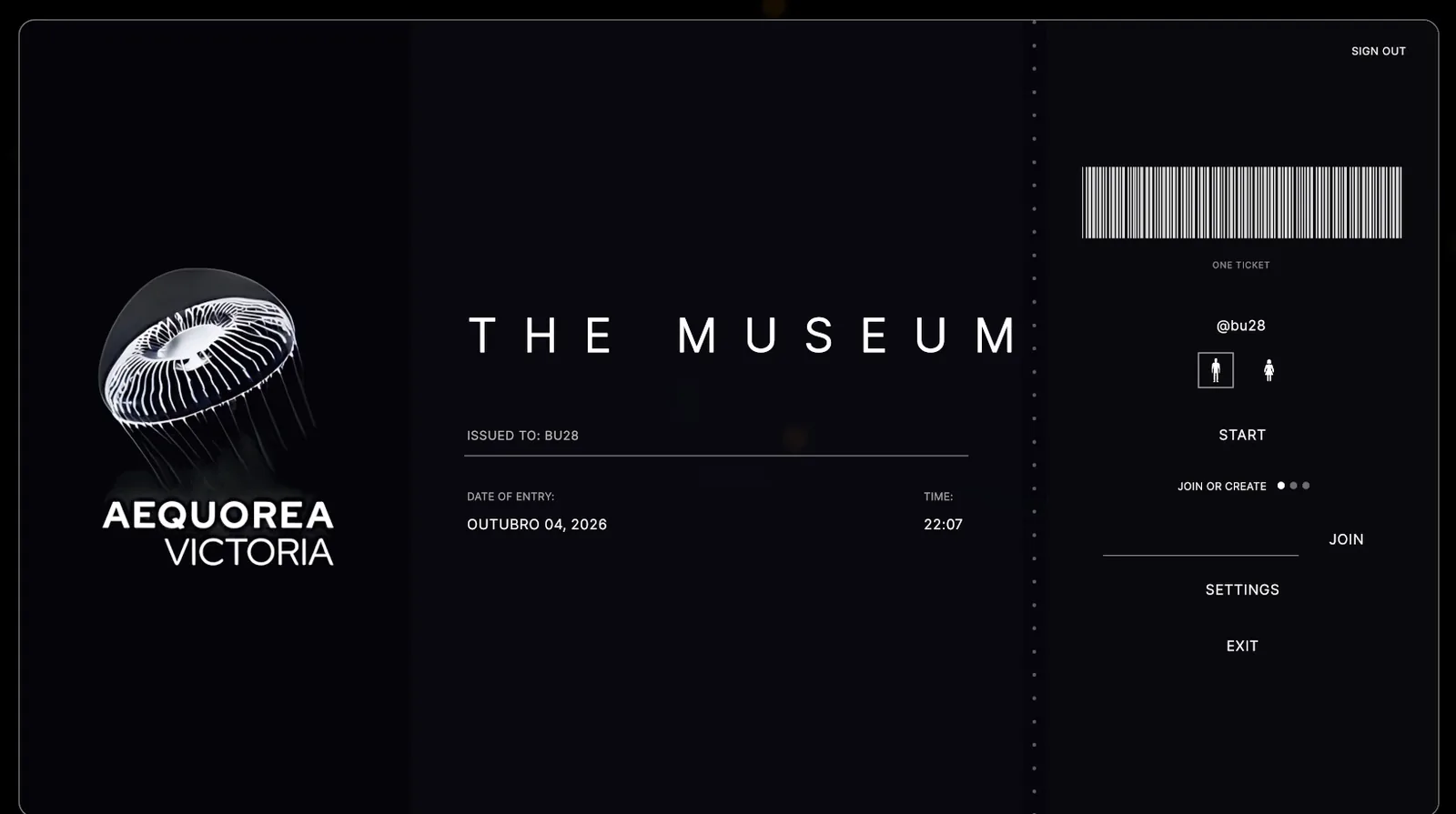 The Museum's main menu, styled as an admission ticket with start, join and lobby options